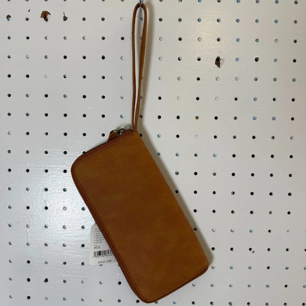Free People Zip Wristlet Wallet Brown Vegan Leather Travel Clutch - One Size NWT